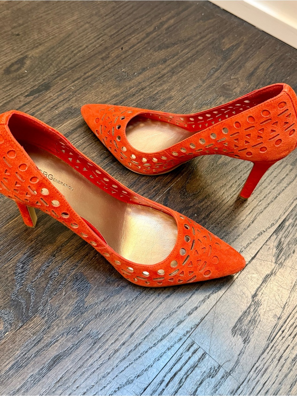 BCBGeneration (NWOB) Orange Suede Laser-Cut Pointed-Toe Pumps